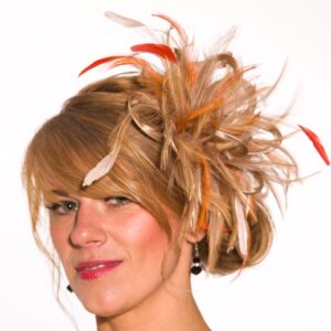 Taupe Nude & Terracotta (Burnt) Orange Highlights Satin Feather Small Fascinator Hat - Abbie