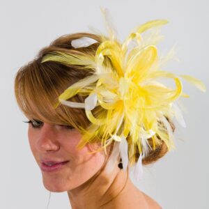 Bright Yellow & White Satin & Feathers Small Fascinator Hat - Abbie