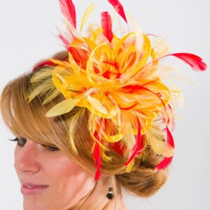 Bright Yellow & Red Satin Feathers Small Fascinator Hat - Abbie