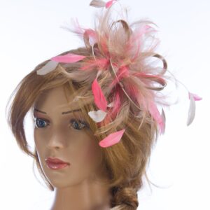 Taupe & Coral Satin Feather Small Fascinator Hat - Abbie