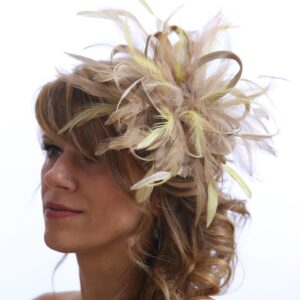 Taupe & Yellow Feather Small Fascinator Hat - Abbie