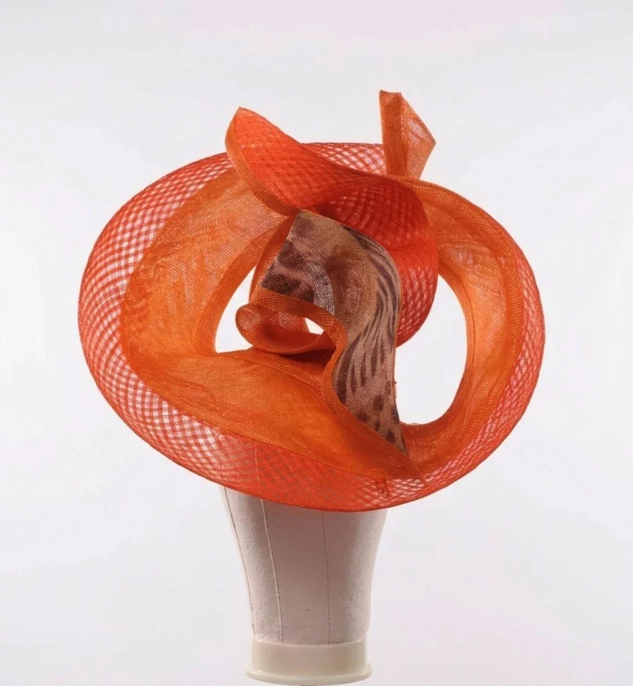 Orange and Animal Print Swirl Windowpane Sinamay Saucer Hat